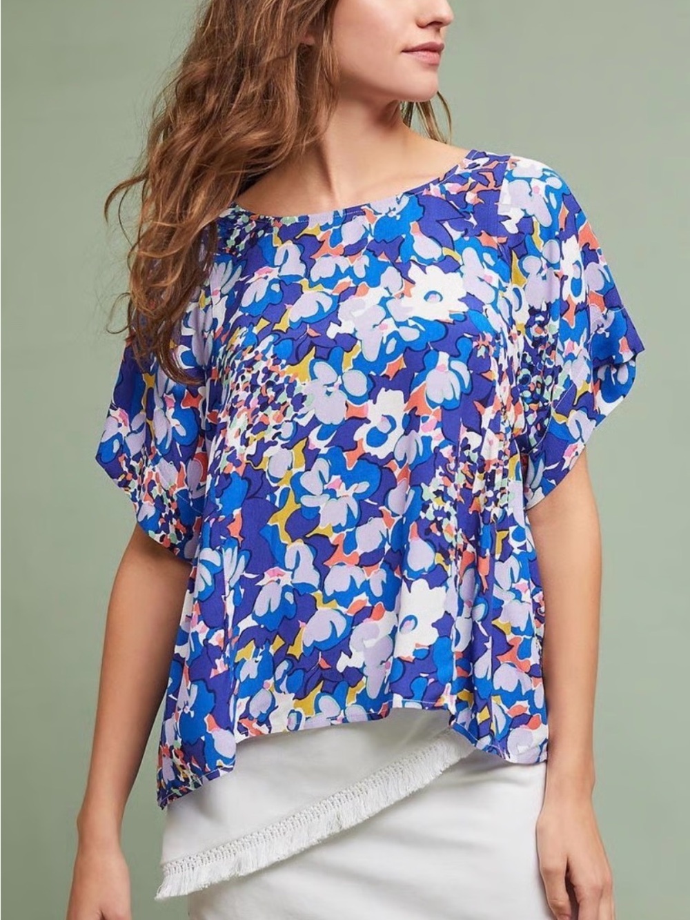 Maeve Anthropologie Blue Abstract Floral Flowy Pleat Blouse Top Size XL
